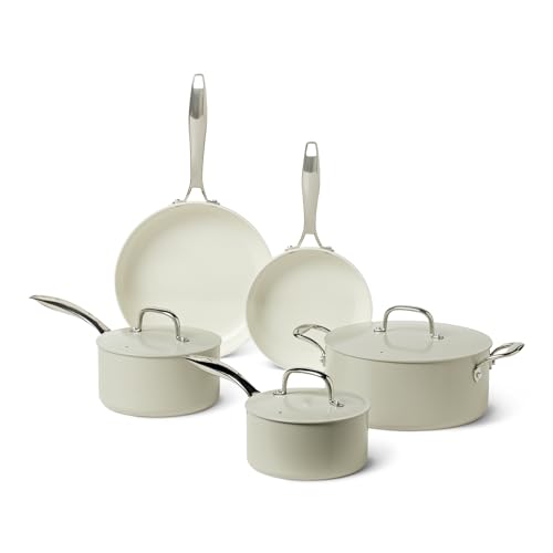 Amazon Basics Ceramic Nonstick Cookware, 8-Piece Set of Pots and Pans, Dishwasher and Oven-Safe, All Cooktop Induction Friendly, Linen Gray