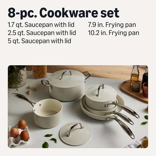 Amazon Basics Ceramic Nonstick Cookware, 8-Piece Set of Pots and Pans, Dishwasher and Oven-Safe, All Cooktop Induction Friendly, Linen Gray view 2
