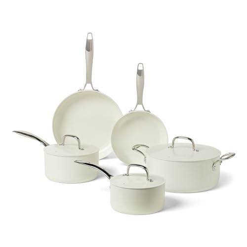 Amazon Basics Ceramic Nonstick Cookware, 8-Piece Set of Pots and Pans, Dishwasher and Oven-Safe, All Cooktop Induction Friendly, Ivory