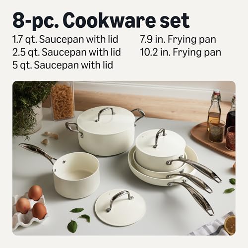Amazon Basics Ceramic Nonstick Cookware, 8-Piece Set of Pots and Pans, Dishwasher and Oven-Safe, All Cooktop Induction Friendly, Ivory view 2