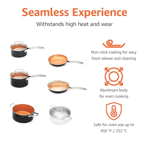 Amazon Basics Ceramic Nonstick Cookware Set, Induction Ready, Dishwasher & Oven Safe, Even Heating, 10-Piece Set with Frying Pans, Saucepans, Glass Lids, Copper Color view 2
