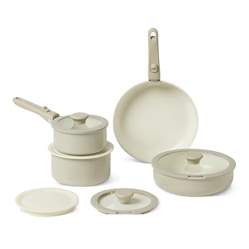 Amazon Basics Ceramic Nonstick Cookware Set with Detachable Handles, 11-Piece Stackable, All Cooktop Friendly, Dishwasher-Safe, Includes Saucepan, Frying Pan, Glass and Plastic Lids, Linen Gray