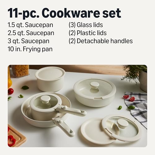 Amazon Basics Ceramic Nonstick Cookware Set with Detachable Handles, 11-Piece Stackable, All Cooktop Friendly, Dishwasher-Safe, Includes Saucepan, Frying Pan, Glass and Plastic Lids, Linen Gray view 2