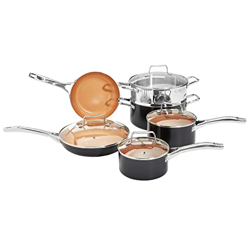 Amazon Basics Ceramic Nonstick Pots and Pans Cookware Set, Dishwasher & Oven Safe, Even Heating, 10-Piece Set, Copper Color