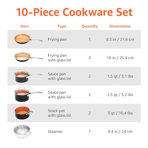 Amazon Basics Ceramic Nonstick Pots and Pans Cookware Set, Dishwasher & Oven Safe, Even Heating, 10-Piece Set, Copper Color