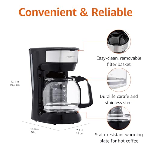 Amazon Basics Coffee Makers, 12-Cup Coffee Machines with Reusable Filter, Coffee Pots, Black & Stainless Steel view 2