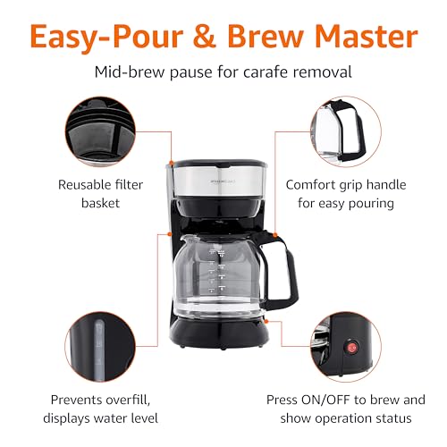 Amazon Basics Coffee Makers, 12-Cup Coffee Machines with Reusable Filter, Coffee Pots, Black & Stainless Steel view 3