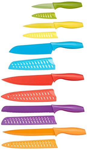 Amazon Basics Color-Coded Dishwasher Safe Kitchen 12-Piece Knife Set, 6 Knives with 6 Blade Guards, Multicolor, 13.88 x 4.13 x 1.38 inch