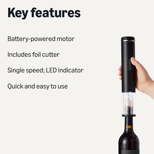Amazon Basics Cordless Electric Wine Opener with Foil Cutter, Battery-Powered Motor, Black view 2
