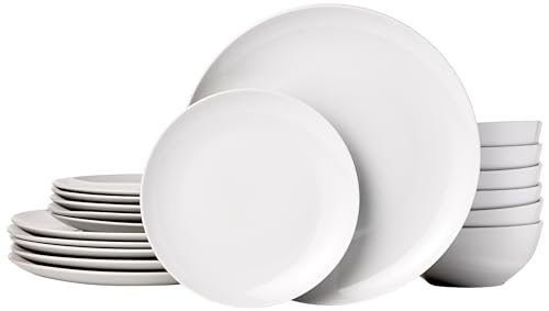 Amazon Basics Dinnerware Set, Microwave and Dishwasher Safe, Service for 6, 18-Piece Complete Kitchen, Plates, Dishes, Bowls, White Porcelain Coupe