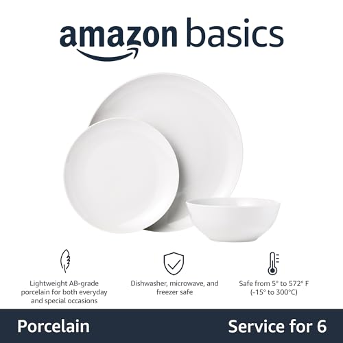 Amazon Basics Dinnerware Set, Microwave and Dishwasher Safe, Service for 6, 18-Piece Complete Kitchen, Plates, Dishes, Bowls, White Porcelain Coupe