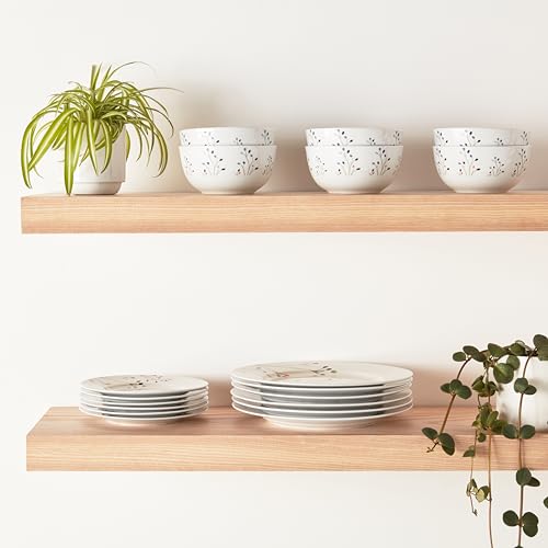 Amazon Basics Dinnerware Set, Microwave and Dishwasher Safe, Service for 6, 18-Piece Complete Kitchen, Plates, Dishes, Bowls, Branches