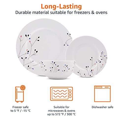 Amazon Basics Dinnerware Set, Microwave and Dishwasher Safe, Service for 6, 18-Piece Complete Kitchen, Plates, Dishes, Bowls, Branches