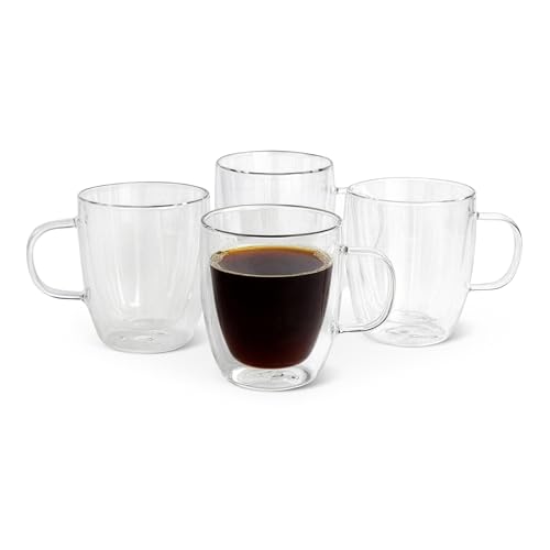 Amazon Basics Double Walled Glass Coffee Mugs, 4-Piece Set, 12 oz., Dishwasher-Safe, Borosilicate Glass