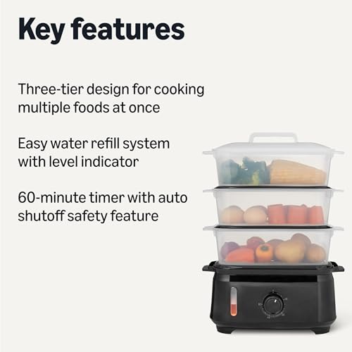 Amazon Basics Electric Food Steamer for Cooking Vegetables, 3-Tier Design, 60-Minute Timer with Auto Shutoff, Easy Water Refill System, BPA-Free, 9.5 QT, Black view 2