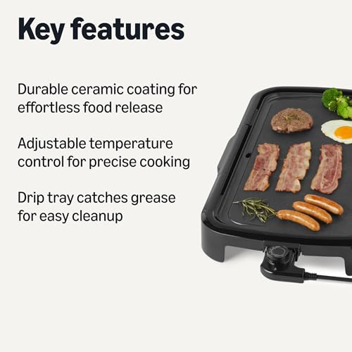 Amazon Basics Electric Griddle with Nonstick Ceramic Coating, Flat Grill for Pancake, 10 x 20 inches, Black view 2