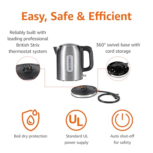 Amazon Basics Electric Kettle, Tea Kettle & Water Boiler with Auto Shut-Off, Boil Dry Protection, Strix Thermostat, BPA-Free, 1500W, 1.1Qt (1L), Stainless Steel, New Model, Black & Silver view 3
