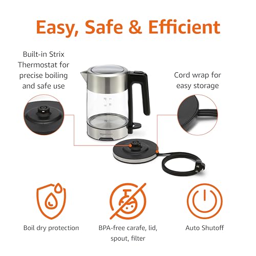 Amazon Basics Electric Kettle with Glass Carafe for Tea and Coffee, BPA-Free, Fast Boiling, Auto Shut-Off, 1.8 Quarts, 1500W, Black and Silver