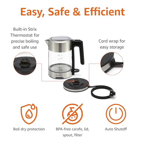 Amazon Basics Electric Kettle with Glass Carafe for Tea and Coffee, BPA-Free, Fast Boiling, Auto Shut-Off, 1.1 Quarts, 1500W, Glass and Steel
