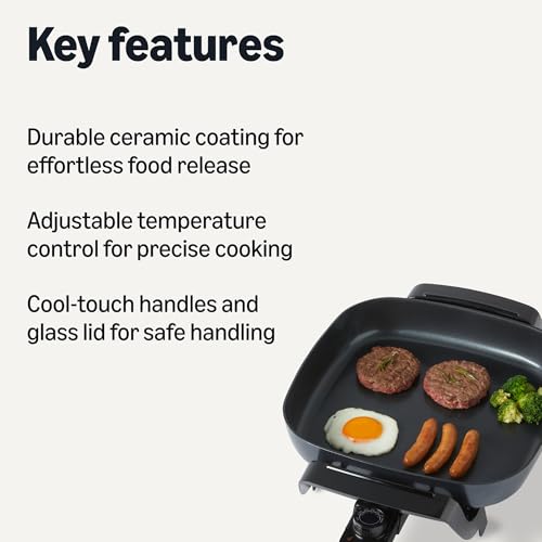 Amazon Basics Electric Skillet and Frying Pan with Glass Lid, Nonstick Ceramic Coating, Cool-Touch Handles, Adjustable Heat, 15.74 x 11.81 x 6.69 inch, Black view 2