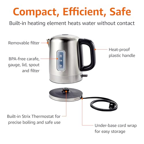 Amazon Basics Electric Stainless Steel Kettle for Tea and Coffee, BPA-Free, Fast Boiling, Auto Shut-Off, 1.1 Quarts, 1500W, Black and Silver