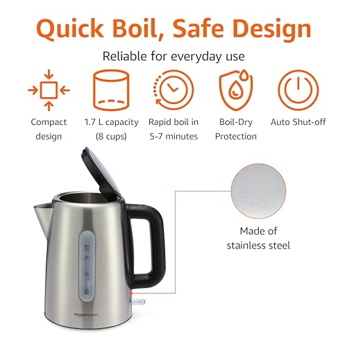 Amazon Basics Electric Stainless Steel Kettle for Tea and Coffee, BPA-Free, Fast Boiling, Auto Shut-Off, 1.8 Quarts, 1500W, Black and Silver