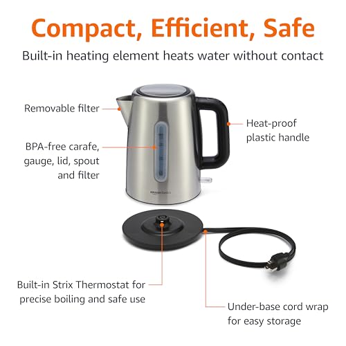 Amazon Basics Electric Stainless Steel Kettle for Tea and Coffee, BPA-Free, Fast Boiling, Auto Shut-Off, 1.8 Quarts, 1500W, Black and Silver