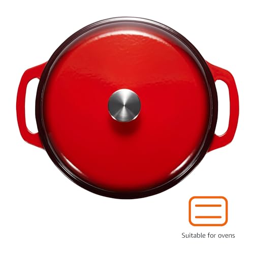 Amazon Basics Enameled Cast Iron Dutch Oven Pot with Lid, Round, Dual Handles, Heavy-Duty, Oven Safe for Stews, Roasting, Baking, 6-Quart, Red view 2