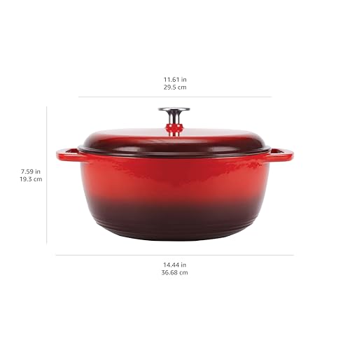 Amazon Basics Enameled Cast Iron Dutch Oven Pot with Lid, Round, Dual Handles, Heavy-Duty, Oven Safe for Roasting, Baking, Stews, 7.3-Quart, Red view 3