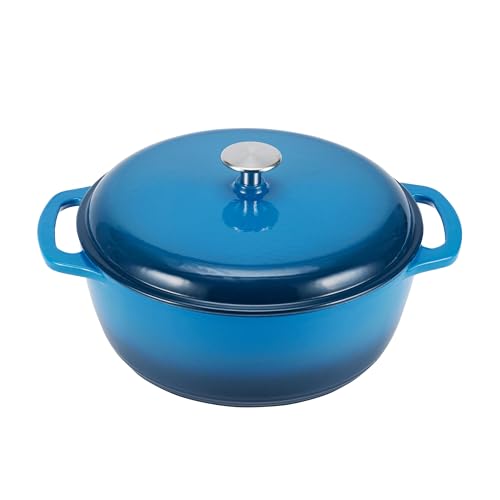 Amazon Basics Enameled Cast Iron Dutch Oven Pot with Lid, Oven Safe, Heavy-Duty, Dual Handles for Roasting and Stews, 7.3-Quart, Blue