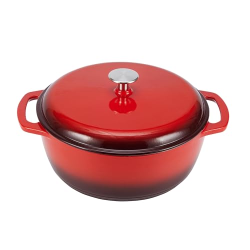 Amazon Basics Enameled Cast Iron Dutch Oven Pot with Lid, Round, Dual Handles, Heavy-Duty, Oven Safe for Stews, Roasting, Baking, 4.3-Quart, Red