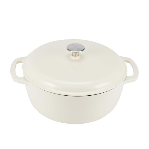 Amazon Basics Enameled Cast Iron Dutch Oven Pot with Lid, Oven Safe, Heavy-Duty, Dual Handles for Baking, Roasting, Stews, 4.3-Quart, White