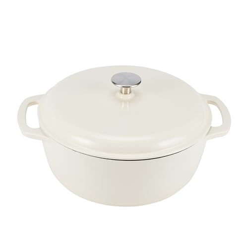 Amazon Basics Enameled Cast Iron Dutch Oven Pot with Lid, Oven Safe, Heavy-Duty, Dual Handles for Baking, Roasting, Stews, Round, 6-Quart, White