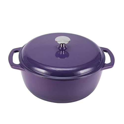 Amazon Basics Enameled Cast Iron Dutch Oven Pot with Lid, Round, Dual Handles, Heavy-Duty, Oven Safe for Stews, Roasting, Baking, 6-Quart, Purple