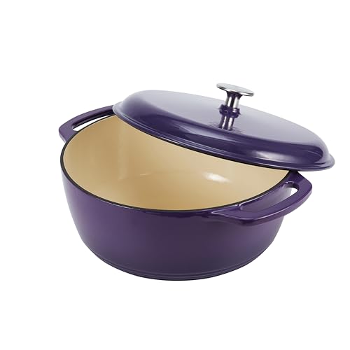 Amazon Basics Enameled Cast Iron Dutch Oven Pot with Lid, Round, Dual Handles, Heavy-Duty, Oven Safe for Stews, Roasting, Baking, 6-Quart, Purple view 3