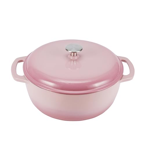 Amazon Basics Enameled Cast Iron Dutch Oven Pot with Lid, Round, Dual Handles, Heavy-Duty, Oven Safe for Stews, Roasting, Baking, 6-Quart, Light Pink