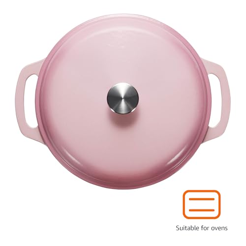 Amazon Basics Enameled Cast Iron Dutch Oven Pot with Lid, Round, Dual Handles, Heavy-Duty, Oven Safe for Stews, Roasting, Baking, 6-Quart, Light Pink view 2