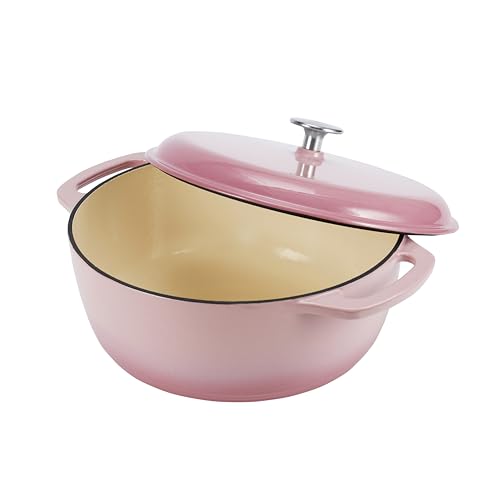 Amazon Basics Enameled Cast Iron Dutch Oven Pot with Lid, Round, Dual Handles, Heavy-Duty, Oven Safe for Stews, Roasting, Baking, 6-Quart, Light Pink view 3