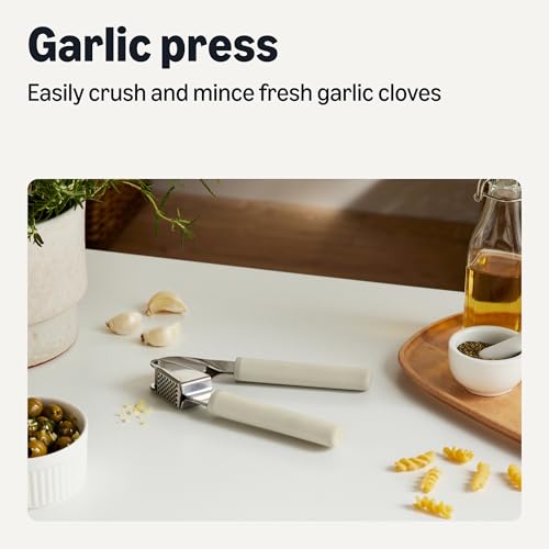 Amazon Basics Garlic Press, Stainless Steel, Soft Grip Handle, Dishwasher-Safe, Linen Gray view 2