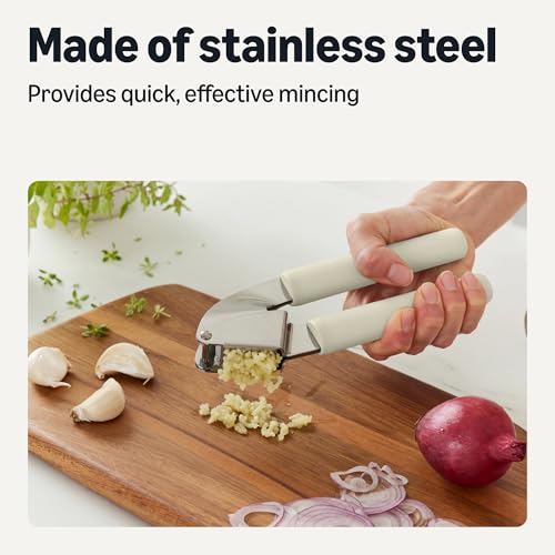 Amazon Basics Garlic Press, Stainless Steel, Soft Grip Handle, Dishwasher-Safe, Linen Gray view 3