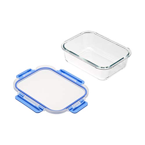 Amazon Basics Glass Food Storage Containers, Leak Proof, Oven Safe, Easy to Clean, Stain Resistant, Set of 7, 14 Pieces Including Lids, BPA-Free, Clear with Blue Silicone Ring view 2