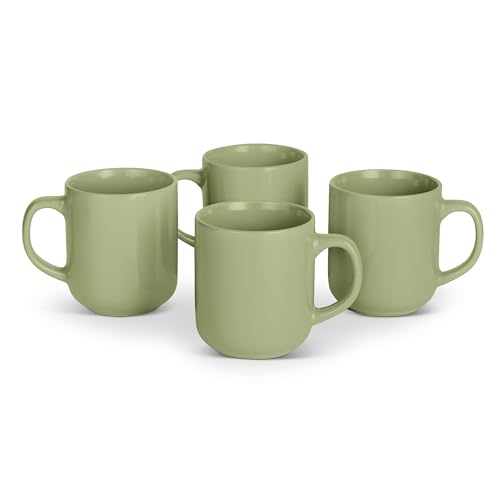 Amazon Basics Glazed Stoneware Coffee and Tea Mugs, Ceramic 4-Piece Set, 16 oz, Microwave, Freezer and Dishwasher-Safe, Stain-Resistant, Olive