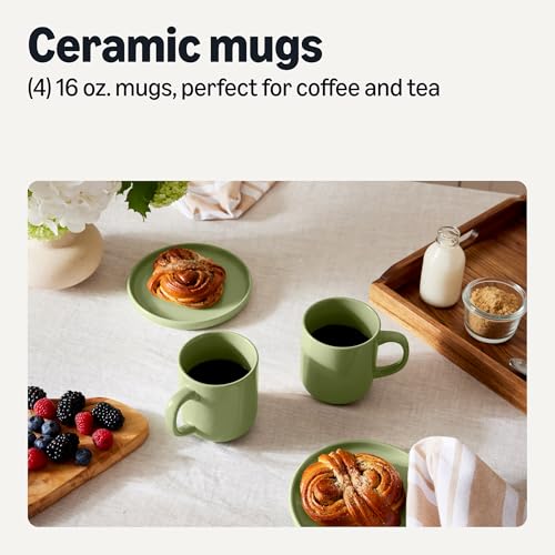 Amazon Basics Glazed Stoneware Coffee and Tea Mugs, Ceramic 4-Piece Set, 16 oz, Microwave, Freezer and Dishwasher-Safe, Stain-Resistant, Olive view 2