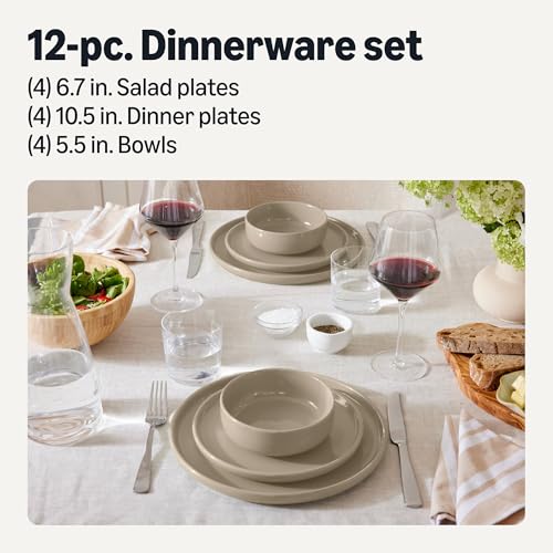 Amazon Basics Glazed Stoneware Dinnerware, 12-Piece Set, 4 Full Place Settings, Dishwasher-Safe, Microwave-Safe, Linen Gray view 2