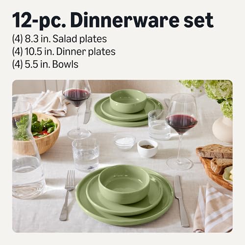 Amazon Basics Glazed Stoneware Dinnerware, 12-Piece Set, 4 Full Place Settings, Microwave and Dishwasher-Safe, Olive view 2