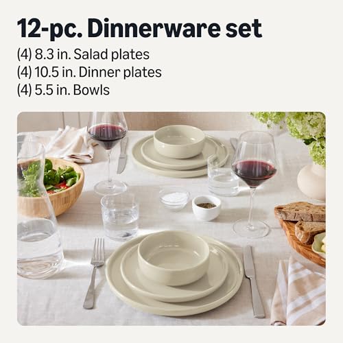 Amazon Basics Glazed Stoneware Dinnerware Set, Ceramic, Dishwasher-Safe, Freezer-Safe, 4 Full Place Settings, 12-Piece, Ivory view 2