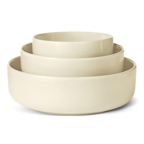 Amazon Basics Glazed Stoneware Serving Bowls, 3-Piece Set, Dishwasher-Safe, Microwave-Safe, Freezer-Safe, Stain-Resistant, Ivory