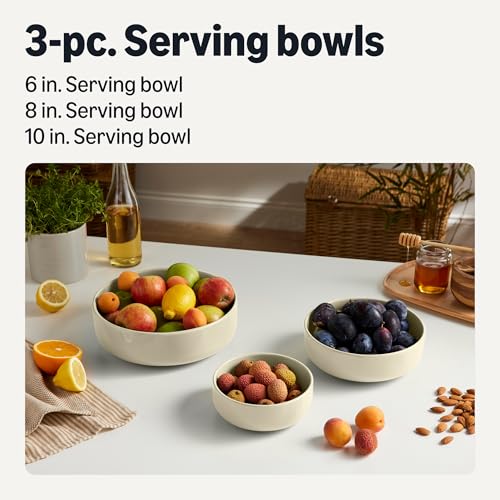 Amazon Basics Glazed Stoneware Serving Bowls, 3-Piece Set, Dishwasher-Safe, Microwave-Safe, Freezer-Safe, Stain-Resistant, Ivory view 2