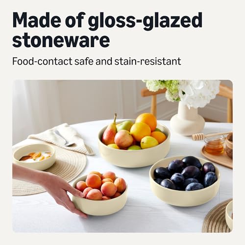Amazon Basics Glazed Stoneware Serving Bowls, 3-Piece Set, Dishwasher-Safe, Microwave-Safe, Freezer-Safe, Stain-Resistant, Ivory view 3