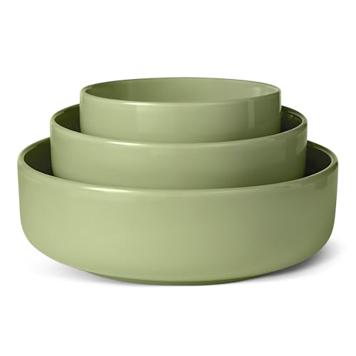 Amazon Basics Glazed Stoneware Serving Bowls, 3-Piece Set, Dishwasher-Safe, Microwave-Safe, Olive